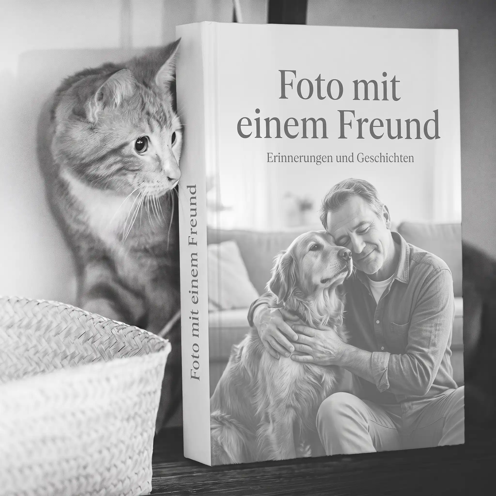 Süße Katze hinter einem Buch mit dem Titel Foto mit einem Freund